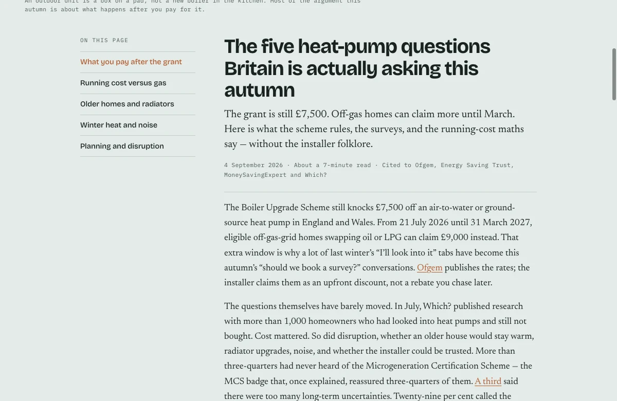 Five heat-pump questions: a published buyer’s guide with an editorial layout.